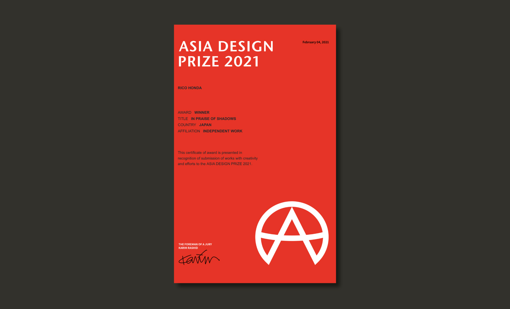 ASIA DESIGN PRIZE 2021 入選しました。